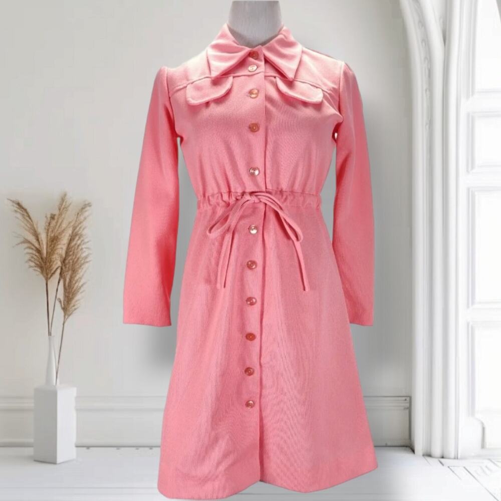 Vintage 70s Pink Dagger Collar Shirt Dress Drawstring Waist Mod Retro M